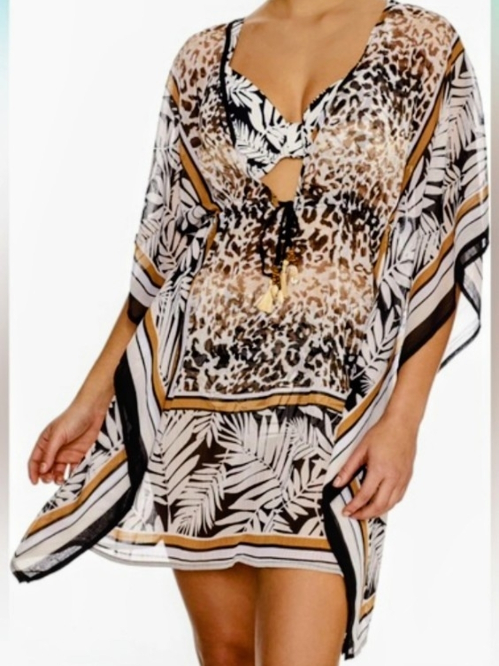 Bleu Rod Beattie Leopard & Leaf Sheer Swim Cover-Up in Black and Tan